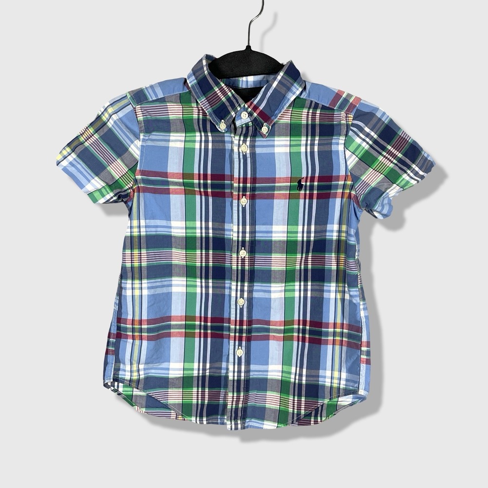 Ralph Lauren‎ Button Down Shirt Kids Size 5 Blue Plaid Preppy Aesthetic